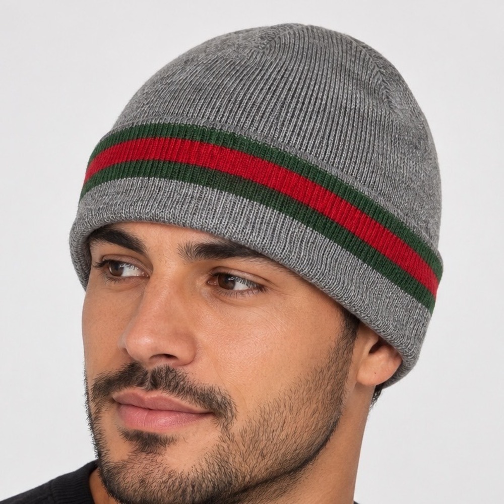 Gucci Grey Wool and Silk Web Stripe Ribbed Beanie Hat Made in Italy Size Large